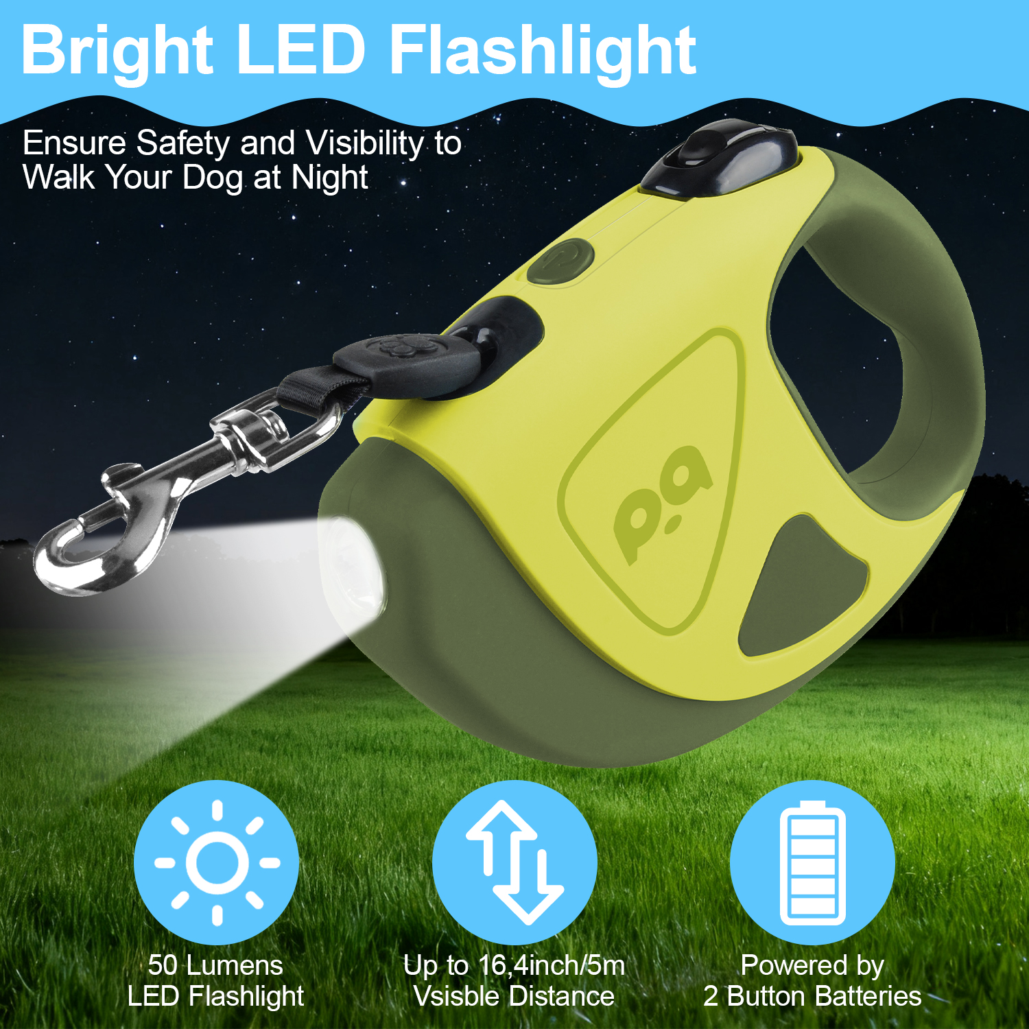 HOOTEK Retractable Dog Leash with LED Light, 16ft Heavy Duty Dog Leash with Anti-Slip Handle and 360° anti-tangling, One Button Brake & Lock Dog Leash for Small/Medium/Large Dogs Up to 50lbs, Green