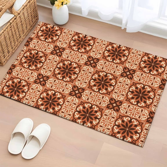 Orange Brown Flowers Bathroom Rug Washable 2x3 Entryway Rug Non Slip Farmhouse Retro Abstract Floral Front Door Mat Low Pile Indoor Doormat Throw Floor Carpet for Kitchen Bedroom Entrance