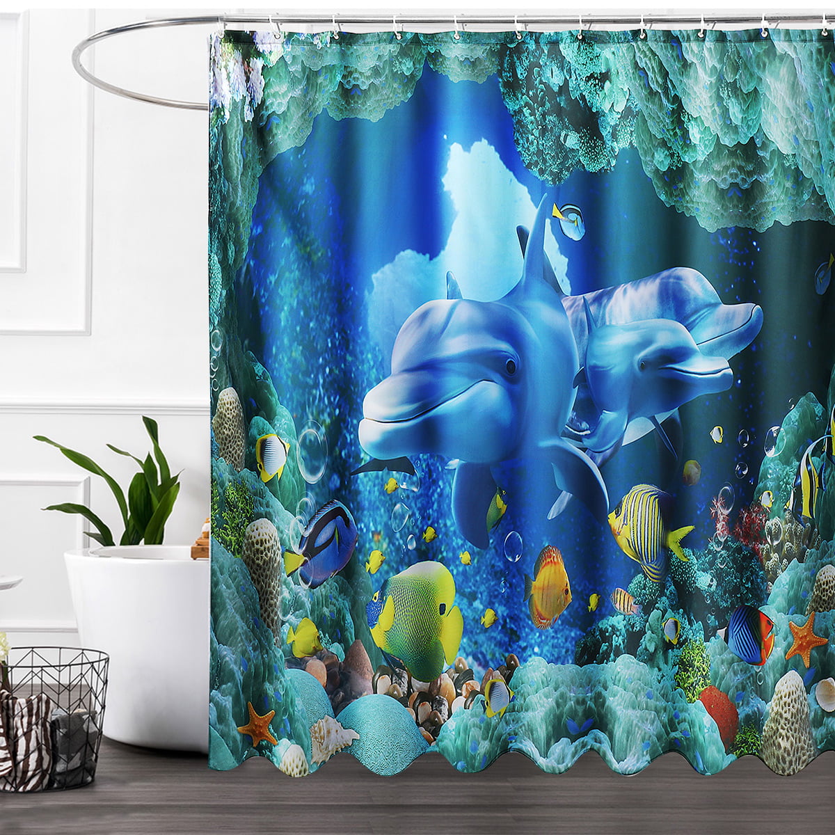 Underwater World Dolphins Fish Plants Pattern Shower Curtain Set Bathroom Decor