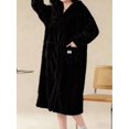 thumbnail image 3 of Womens Black Plush Hooded Bathrobe, Thermal Lined Fleece Sleepwear, Cozy, 3 of 6