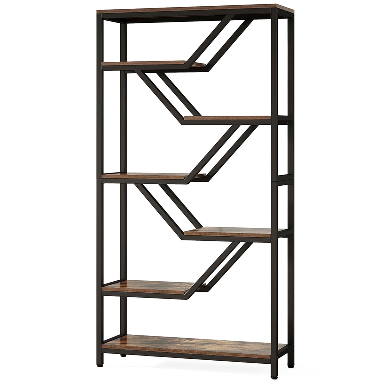 Demi Bonn 6 Tier Open Bookshelf, Wood and Metal Bookcase Storage Organizer, 72" Talldustrial Display Standing Shelf Unit for Bedroom, Living Room, Brown