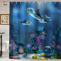 Cute Dolphin Shower Curtain, Blue Sea Underwater Cartoon Ocean Animals Tropical Fish Coral Reef Seaweed Bubble Coastal Beach Kids Bathroom Decor, Waterproof Fabric Shower Curtain, 72 X 72 Inch