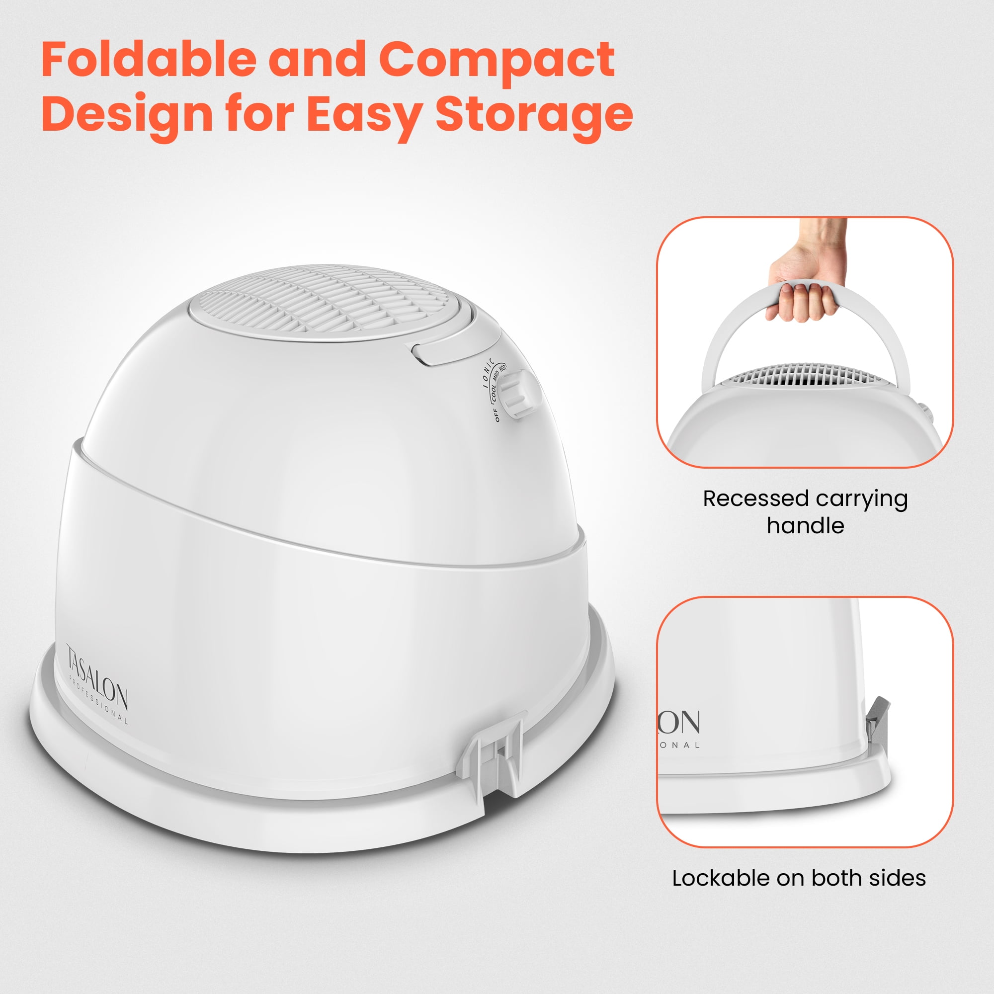 TASALON 1875W Ionic Hooded Hair Dryer with 3 Heat Settings, Professional Sit-Under Dryer for Home & Salon, Portable Ceramic Hair Dryer Bonnet,White