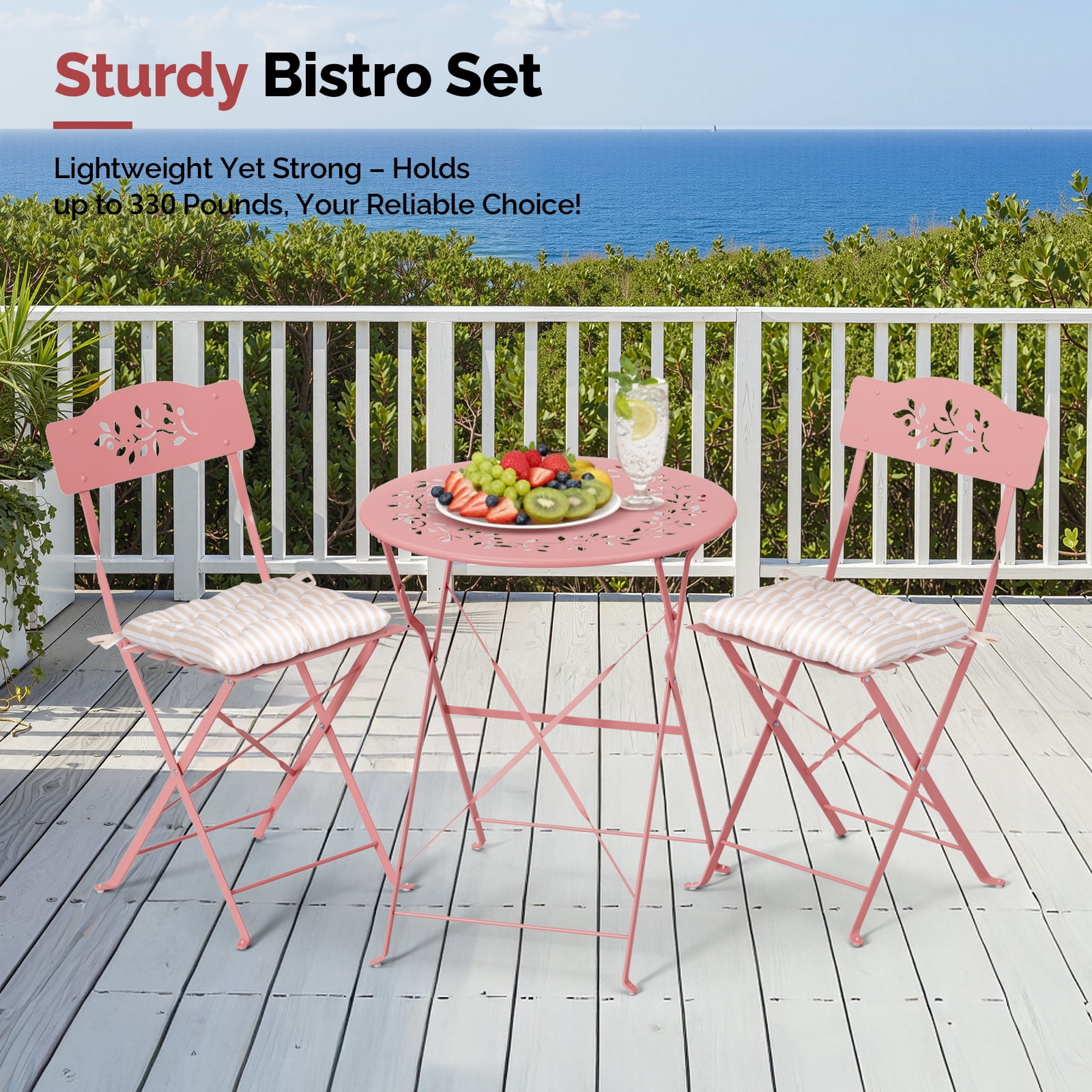 Ktaxon Outdoor 3-Piece Folding Bistro Set with Cushion, Small Metal Patio Seating Furniture Set - Pink