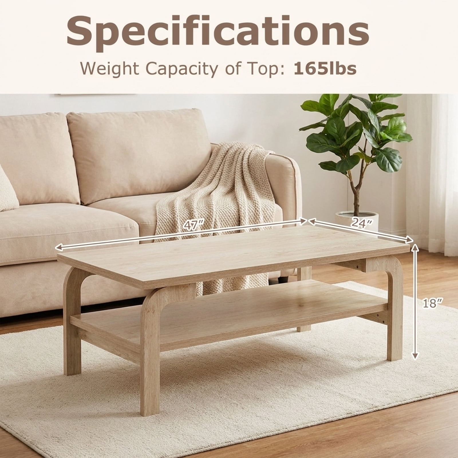 Furnibear 47 Inches Accent Rectangular Coffee Table for Living Room - Oak - Living Room Cocktail Center Table