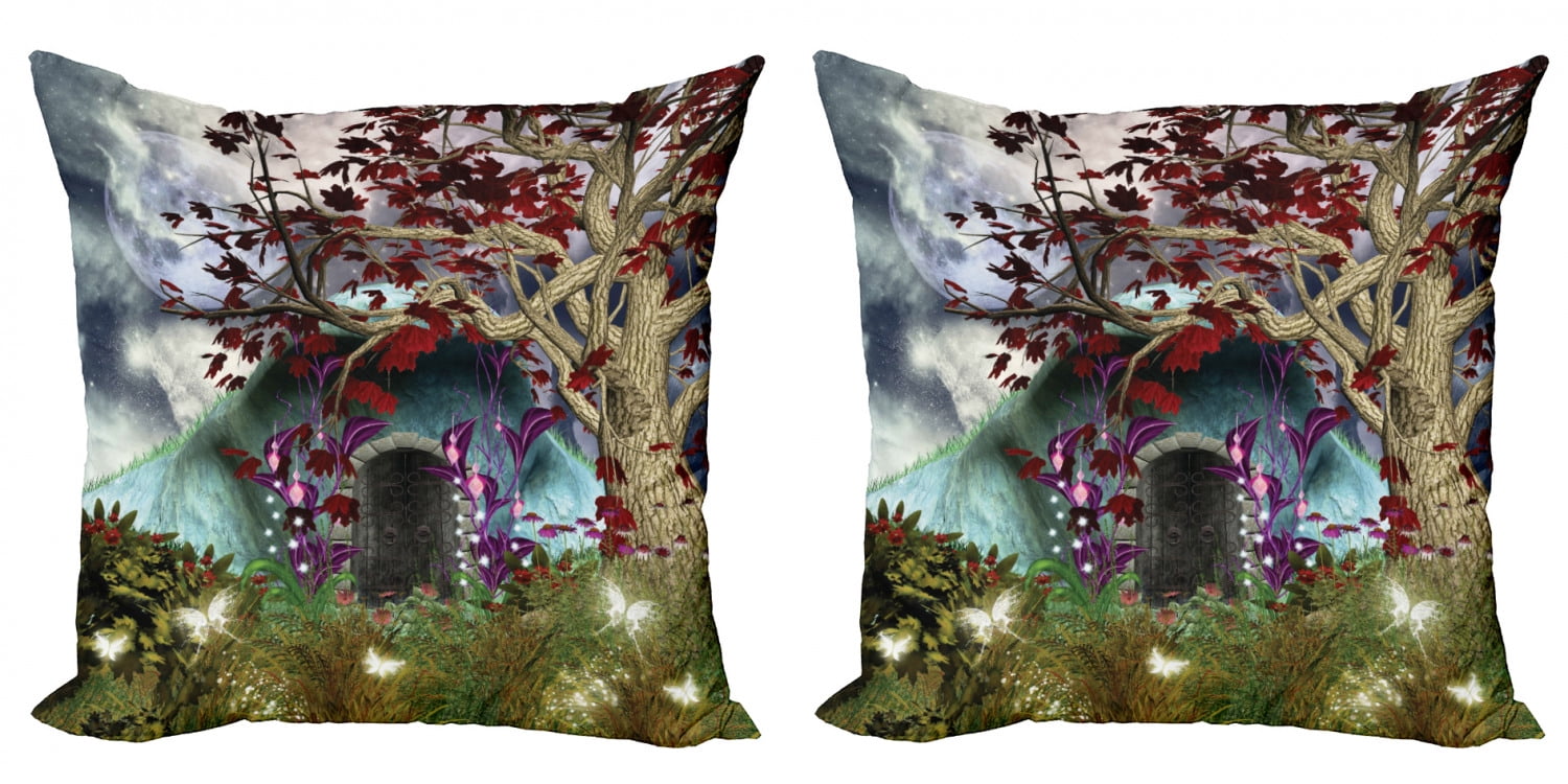 Forest Throw Pillow Cushion Cover Pack of 2, Dark Gothic Themed Fairytale Scene with Magic Tree