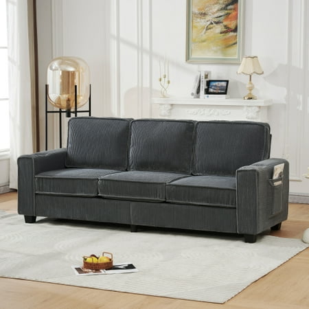 84" Corduroy 3-Seat Sofa with Cup Holders & Storage for Study/Office — Modern Soft-Seat Couch, Deep-Comfort Cushioning, Supportive Spring System, Compact Small-Space Sofa for Work & Relaxation