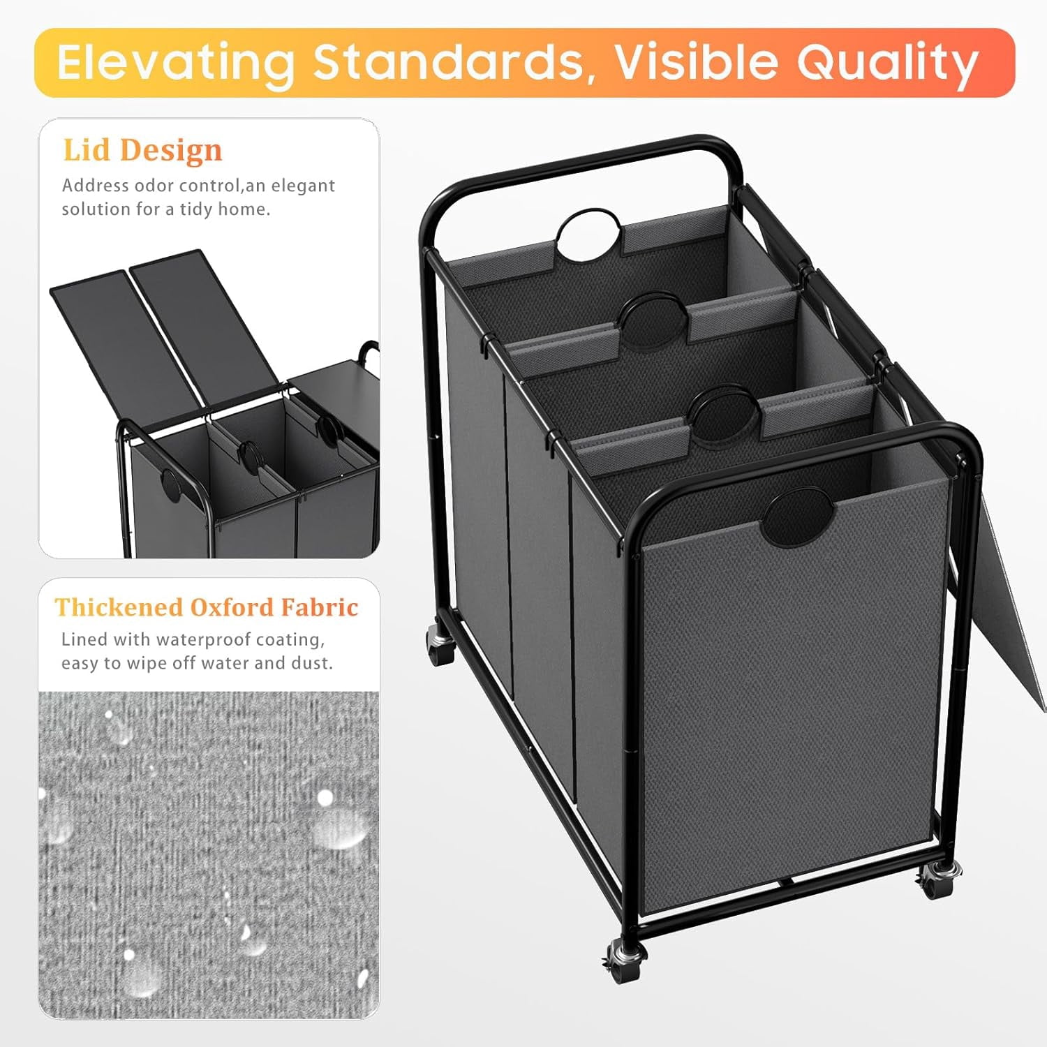 180L (47.55 Gal) Laundry Sorter 3 Section, Rolling Laundry Basket with Lockable Wheels and Lid, Laundry Hamper with 3 Separated Removable Bags Dirty Clothes Hamper for Laundry Room Organizer, Grey