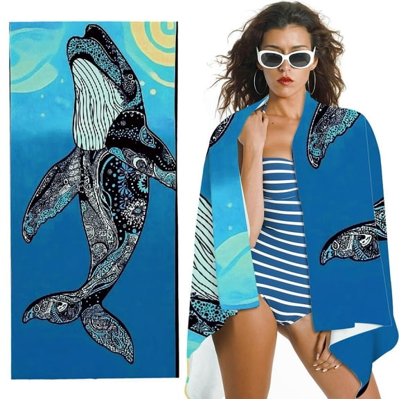 Orca – Navy & Blue Colorway with Tropical Whale Design Travel Beach Towel Made from– Vibrant Colorful Blanket Towel
