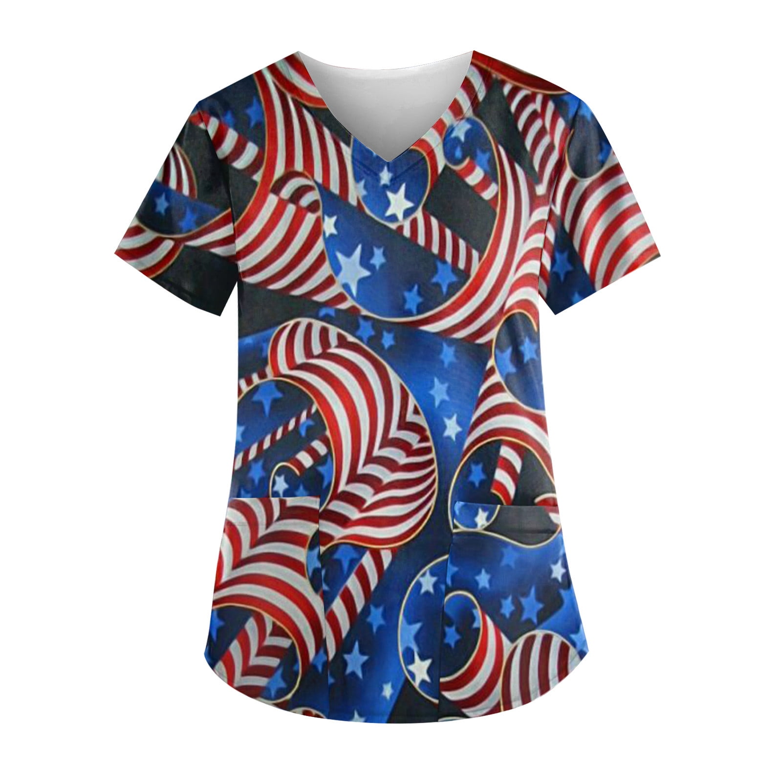 Sksloeg Womens Scrub Tops Plus Size American Flag Print Patriotic Top