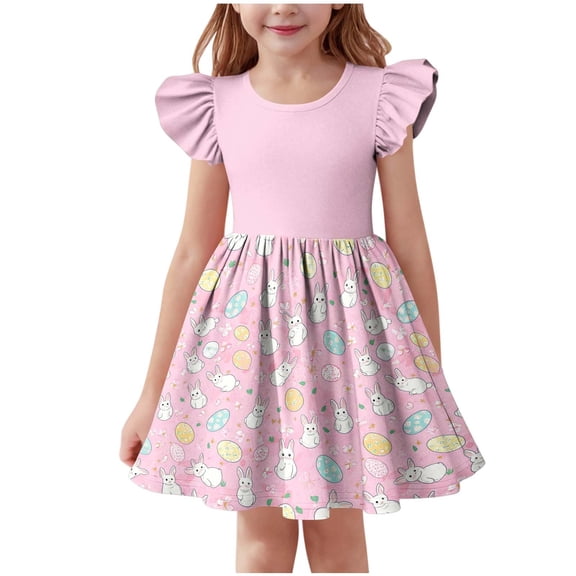 Girls Easter Dress Bunny Print Flutter Sleeve A-Line Pink Soft Party Casual Daily Wear,Size 13-14 T