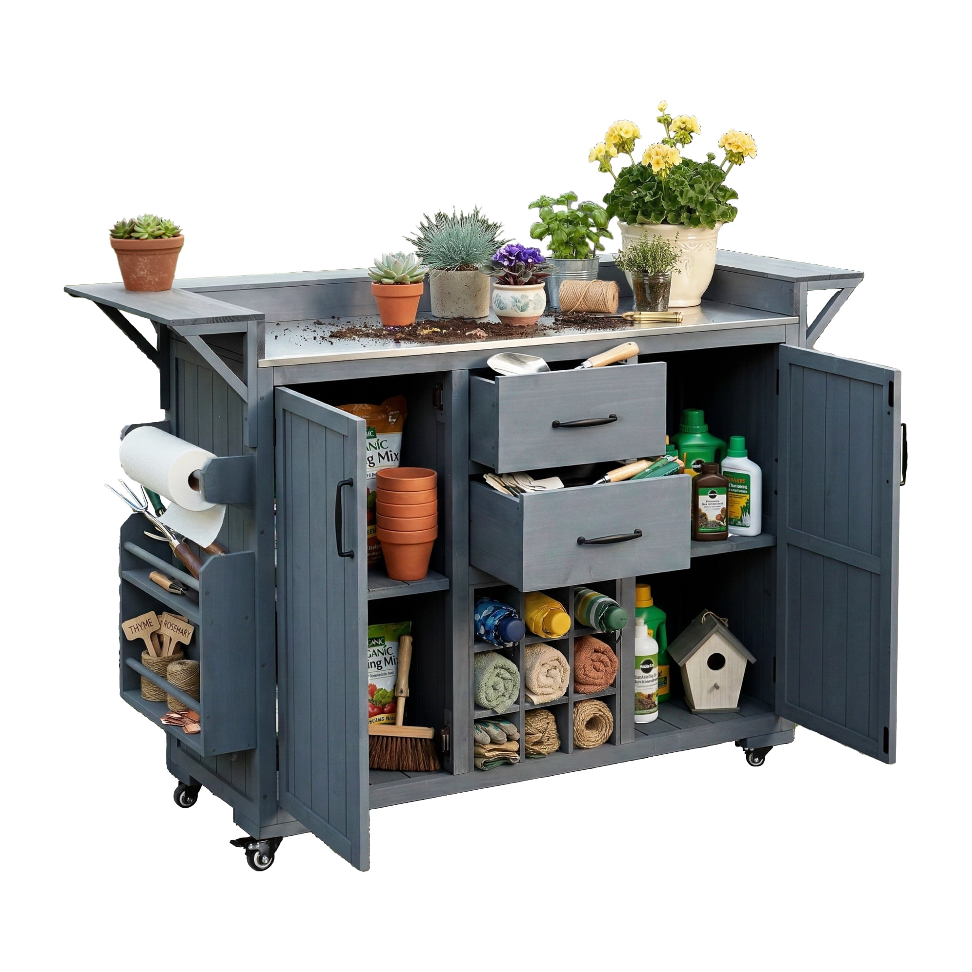 Mintazer Modern 60.2" Outdoor Kitchen Island with Wheels, Rolling Kitchen Island with Stainless Steel Top & Wine Rack, Patio BBQ Kitchen Cart with Spice Rack & 2 Drawers, Gray
