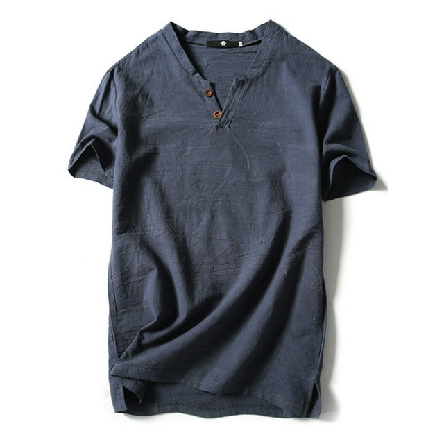MAWCLOS Hommes T-Shirts Coton Lin Tops Couleur Unie T-Shirt Plage Décontracté Style Rétro Pull Gris Bleu-2 3XL