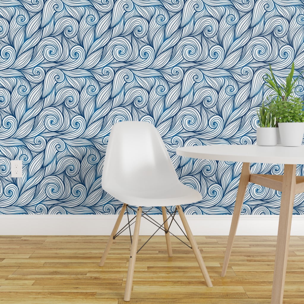 Wallpaper Roll Blue Swirls White Swirly Waves Nautical Ocean Sea 24in x