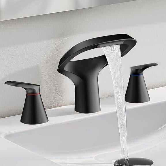 SUNRINX Matte Black Bathroom Faucets 3 Hole, Solid Brass 8 Inch Widespread Waterfall Bathroom Sink Faucet, Adjustable Spout, Supply Hoses And 2 Handles For Vanity Sink