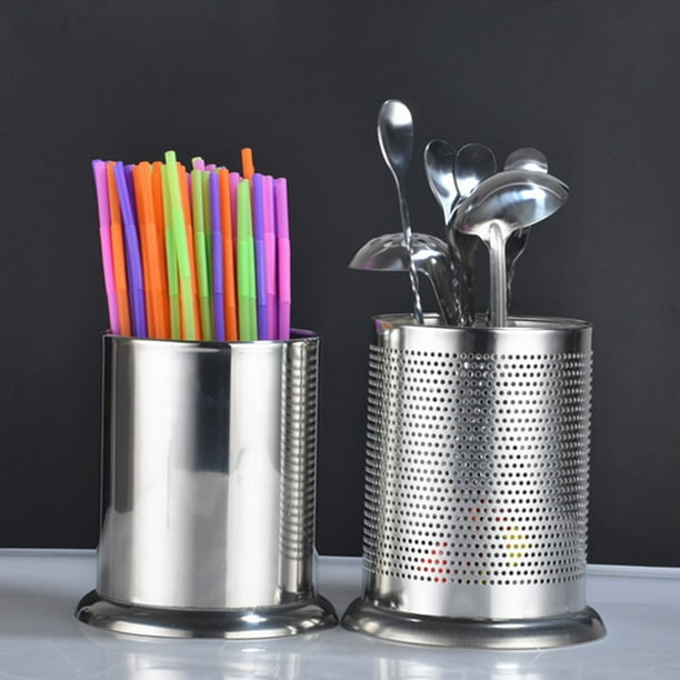 unbranded Organizador De Utensilios De Acero Inoxidable Plateado Con Base Con Agujeros Para Almacenamiento En Encimera