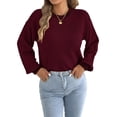 thumbnail image 3 of Women Casual Knit Crew Neck Contrast Striped Lantern Long Sleeve Loose Knit Pullover Sweater Wine Red XL, 3 of 9