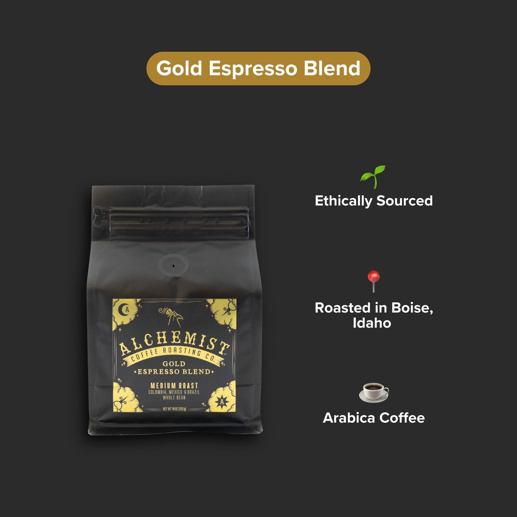 Local Alchemist Coffee Gold Espresso Blend, Medium Roast Whole Bean Coffee, 10oz