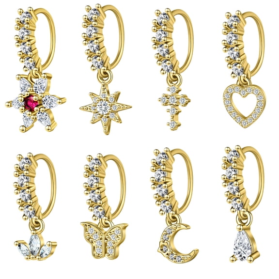 QQTDFG 8Pcs/Lot CZ Dangle Nose Hoop Rings Set 20g Copper Nostril Piercing Body Jewelry-Gold
