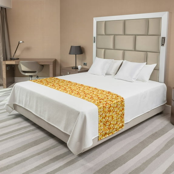 Floral Bed Runner, Continuous Flower Warm Sunny Tones, Decorative Accent Bedding Scarf for Hotels Homes and Guestrooms, Queen, Burnt Orange Pale Yellow, by Ambesonne
