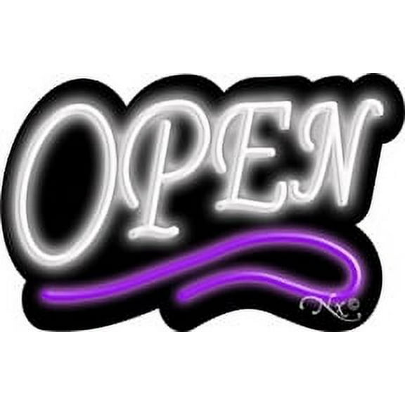 Deco Style White Open With Purple Line LED Neon Sign 14" Tall x 22" Wide, Black Square Cut Acrylic Backing, with Dimmer - Bright and Premium built indoor LED Neon Sign for storefront.