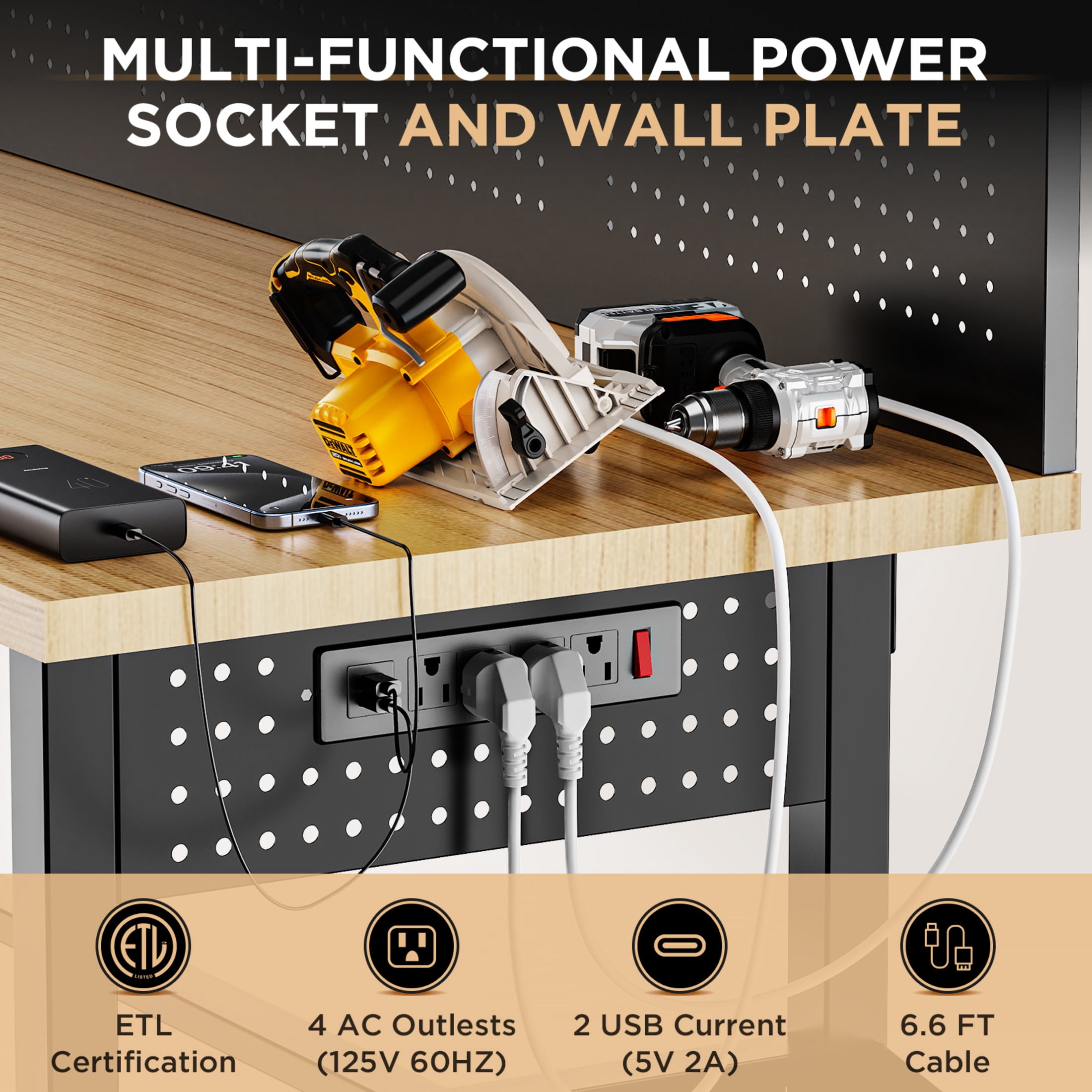 Noble House 60" Adjustable Height Workbench with Solid Wood Top, Heavy Duty Garage Work Table with Power Outlet, Black