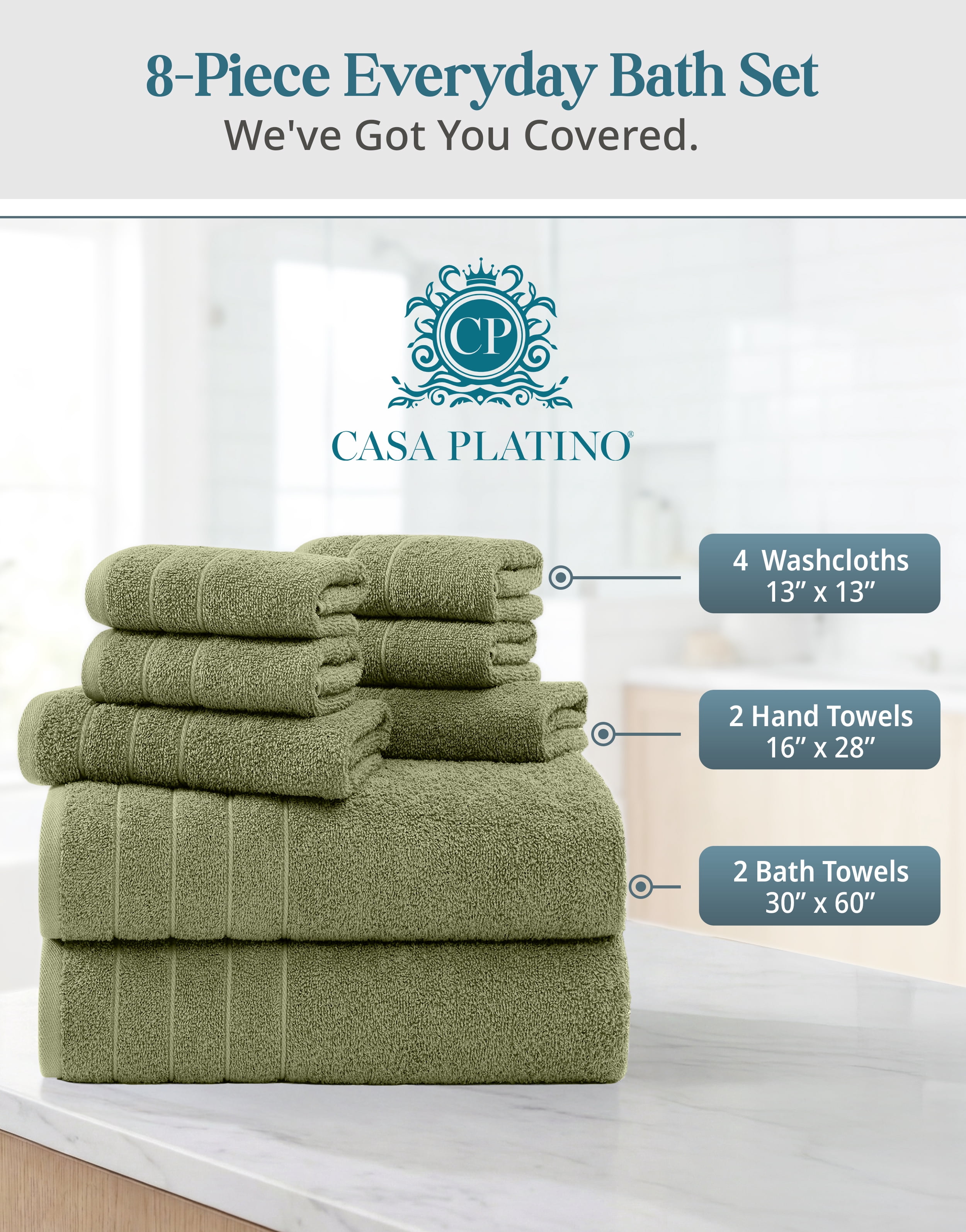 Casa Platino Bath Towel Set of 8– 100% Ring-Spun Cotton, 2 Large Bath Towel, 2 Hand Towels & 4 Wash cloths, Quick Dry & Long-Lasting, Perfect for Family Bathrooms – Oil Green