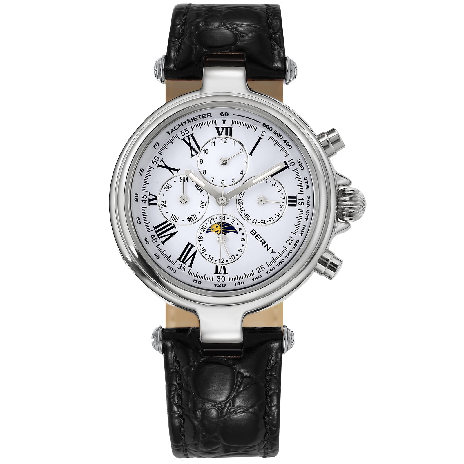 BERNY Automatic Watch for Men Classic Mechanical Self Winding Wristwatch 3ATM Waterproof Multi-Functional Dials Date, Week, Month and Moon Phase