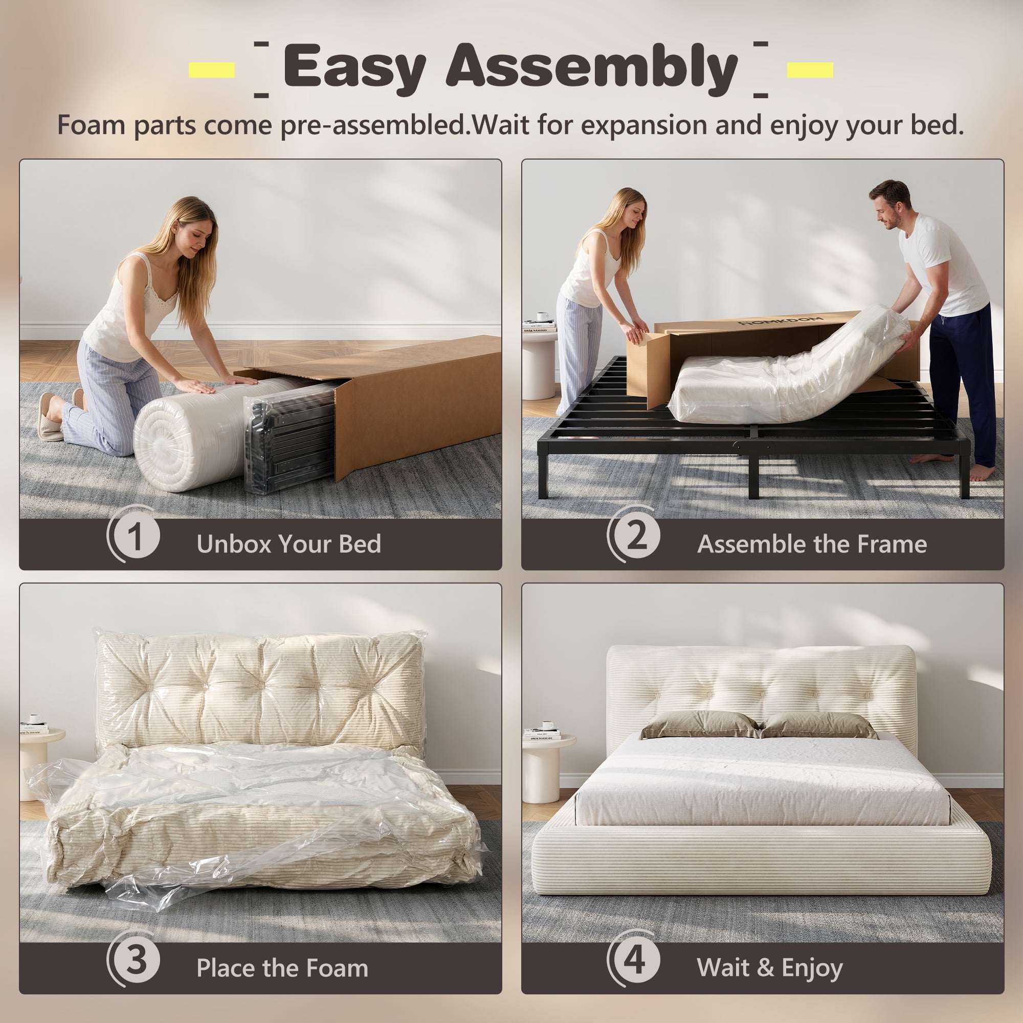 EnHomee Cloud Bed Frame Queen Size Boucle Platform Bed Frame with Button Design  Upholstered  Headboard & Round Corner & Extra Pillow,Beige