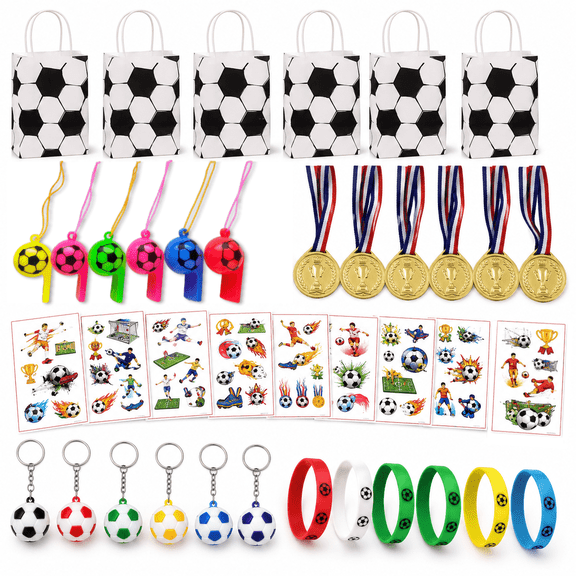 90 Pcs Soccer Party Favor Set, 6 Goodie Bags with Party Favors, Soccer Birthday Party Supplies, 60 Stickers