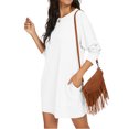 thumbnail image 2 of Women's Casual Dress Long Sleeve Round Neck Solid Color with Pocket Classic Fit Midi Dress for Spring Fall Everyday,White,2XL, 2 of 8