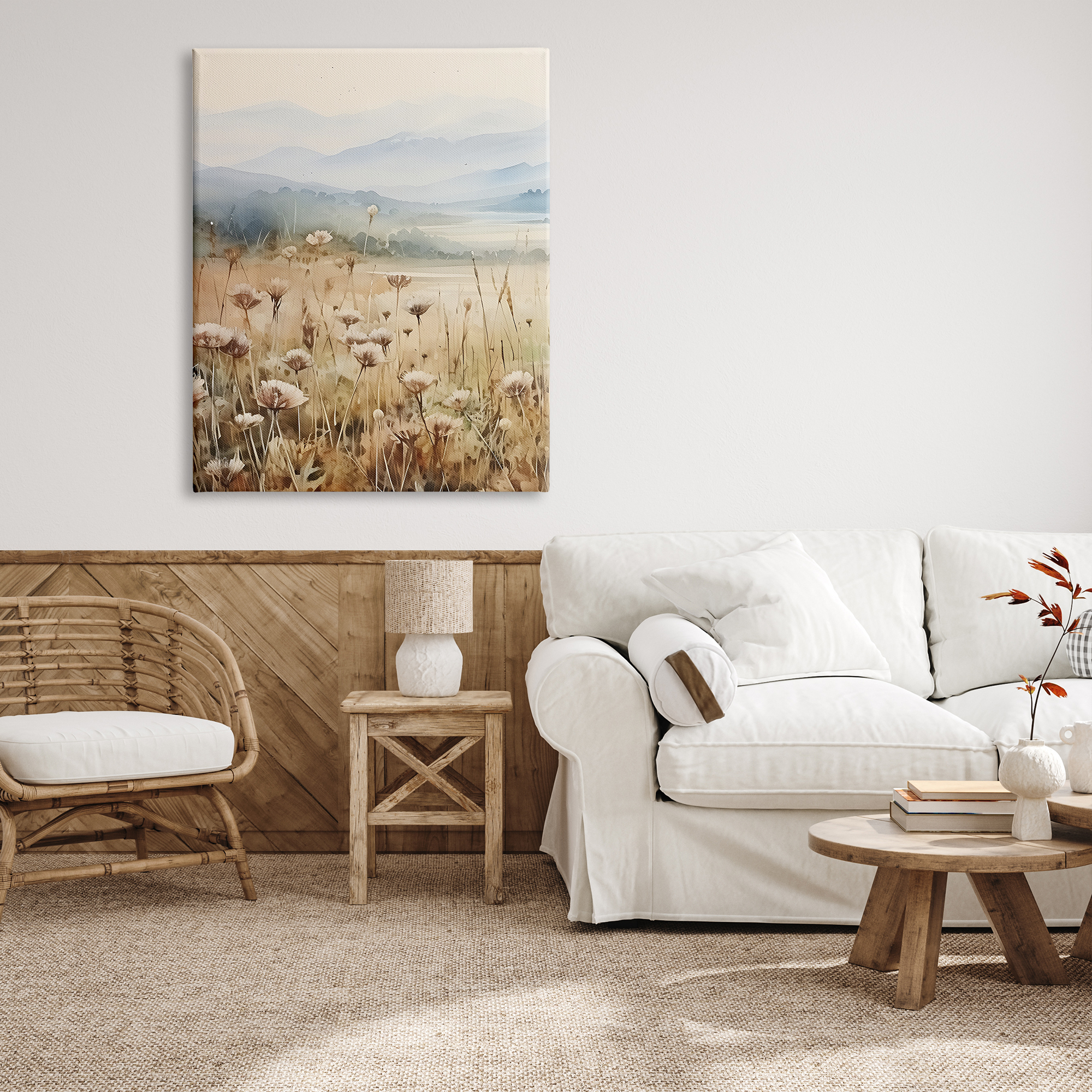 Stupell Industries Meadow with Foggy Mountains Landscape Painting Gallery Wrapped Canvas Art Print Wall Art, 36 x 48