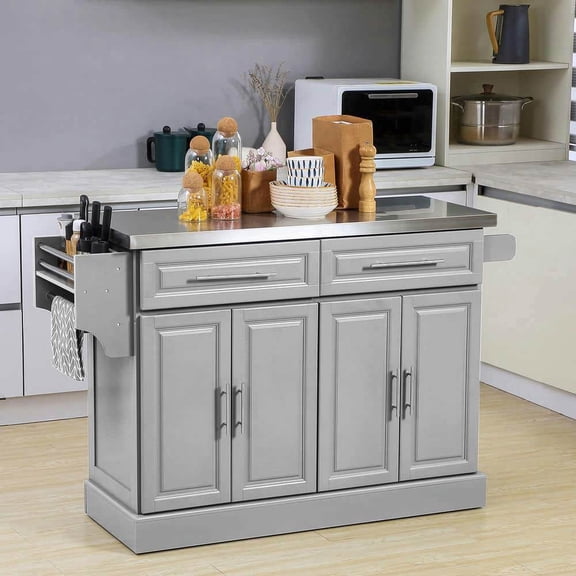 Spaco Rolling Kitchen Island Cart with Wheels, Portable Island Table with Stainless Steel Top and Adjustable Shelves, Kitchen Island with 2 Drawers for Indoor as Kitchen, Bar, Dining Room, Gray