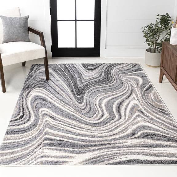 JONATHAN Y SUPERSOFT 8 x 10 Area Rug, Eleni Glam Abstract Marble - Charcoal/Cream, SEU301A-8