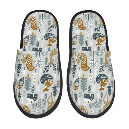 Balery Winter Forest Animals Slient Indoor Furry Fleece Comfort House Shoes Soft Non-Slip Home Shoes Cotton slippers House Slippers-- Large