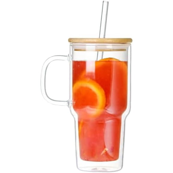 Double Wall Glass Tumbler with Handle and Straw Lid, 20oz Insulated Travel Mug Cup for Hot and Cold Drinks, Clear Glass Drinking Tumbler Cupholder Friendly