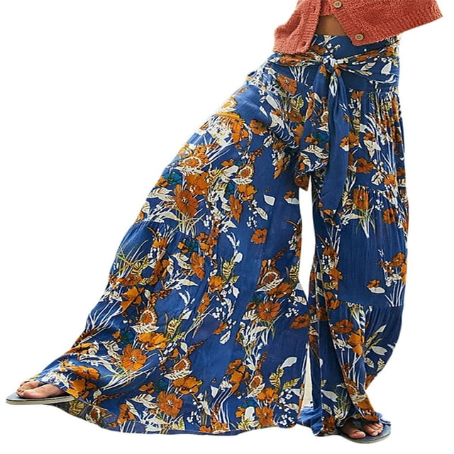 Women Boho Beach Pants High Waist Casual Loose Flared Wide Leg Straight Printing Beach Trousers