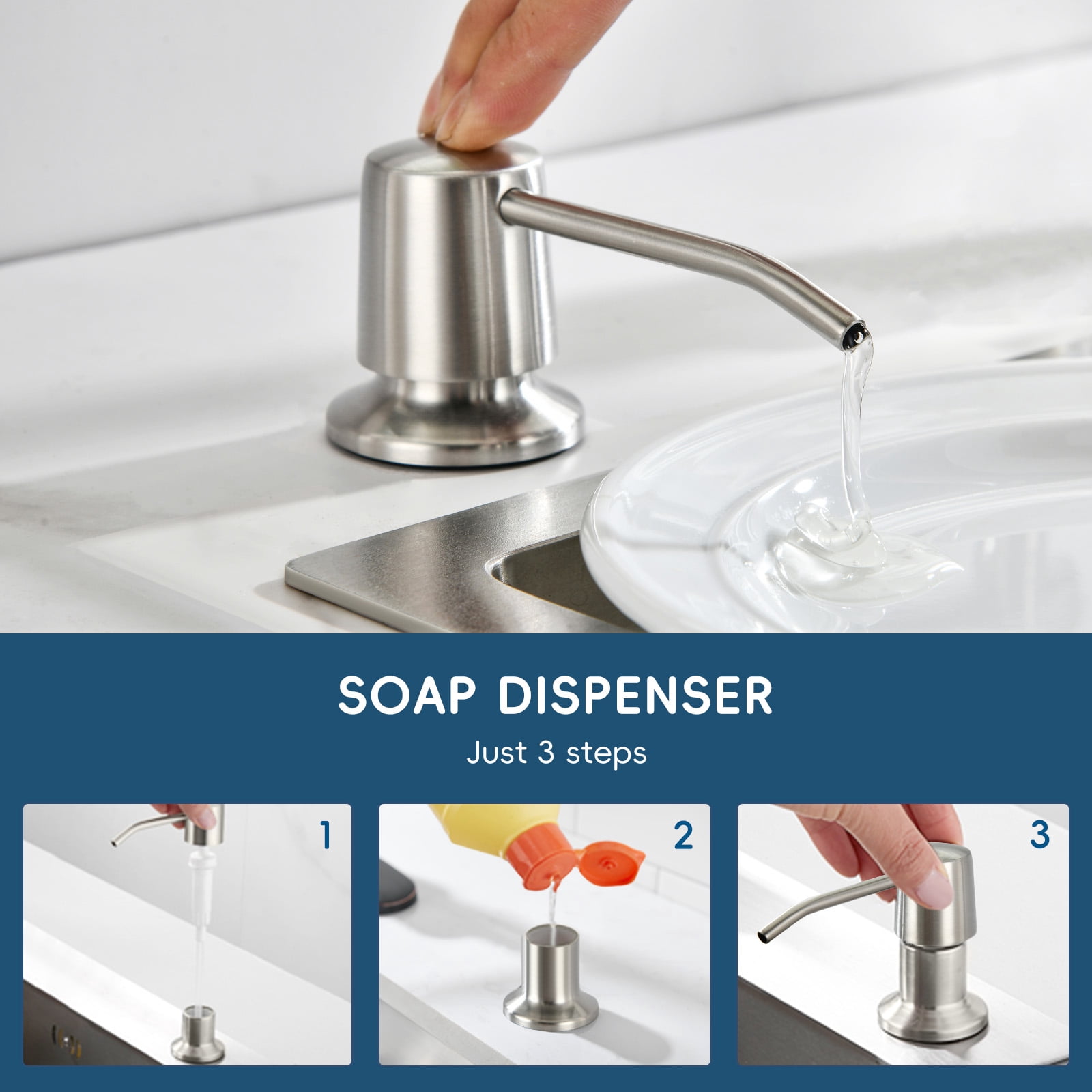 DAYONE Pull Down Brushed Nickel Kitchen Faucet with Sprayer and Soap Dispenser, Stainless Steel Faucet, 3 Modes High Arc Single Handle Kitchen Sink Faucet with Deck Plate for Kitchen Renovation