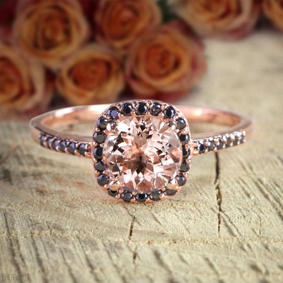 Limited Time Sale: 1.25 Carat Round Cut Morganite and Black Diamond Engagement Ring with 18k Gold Plating