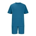 thumbnail image 3 of HOOMEUMY Men's Summer 2 Piece Outfits Solid Color Short Sleeve T-Shirt Shorts Tracksuit Set with Pocket Blue S, 3 of 5