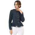 thumbnail image 3 of Chaqueta de mezclilla con cuello redondo y botones de manga larga con volante recortado y peplum para mujer Azul XL, 3 of 6
