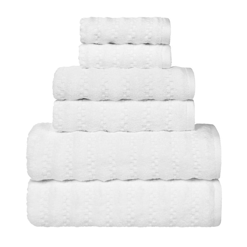Superior Zuma Waffle Textured Stripes Cotton 6 Piece Towel Set, Zero Twist Absorbent Towels, White