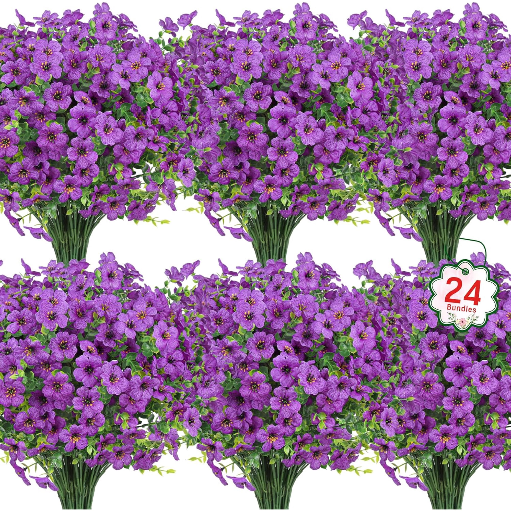 PETGLE 24 Pcs Artificial Flowers for Outdoors Decorations Purple | Lifelike silk flowers UV resistant faux plastic plants for garden porch window table vase home indoor outdoor decor