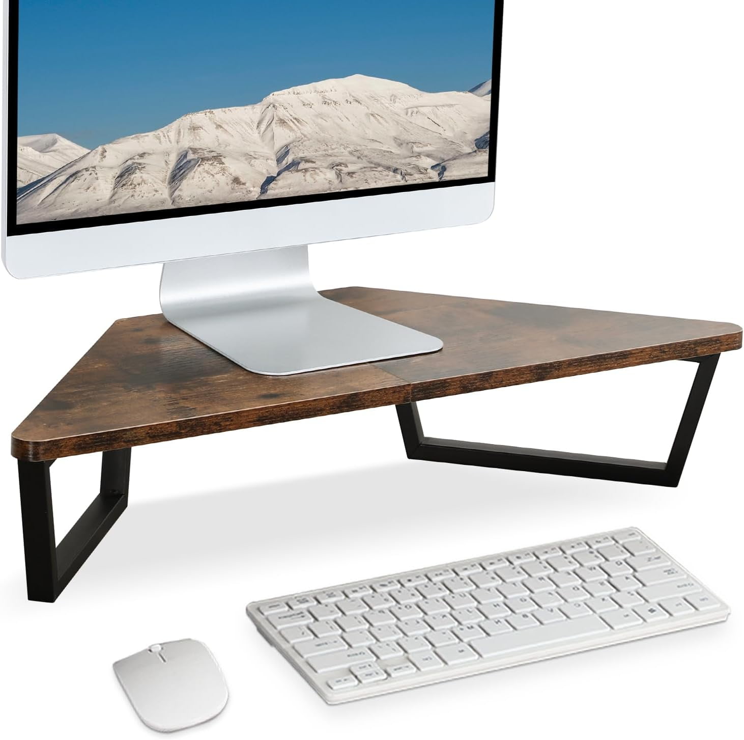26 inch Triangle Monitor Stand Riser, Desktop Corner Shelf with Metal Leg Wood Computer Stand with Storage Laptop Riser Office Organization