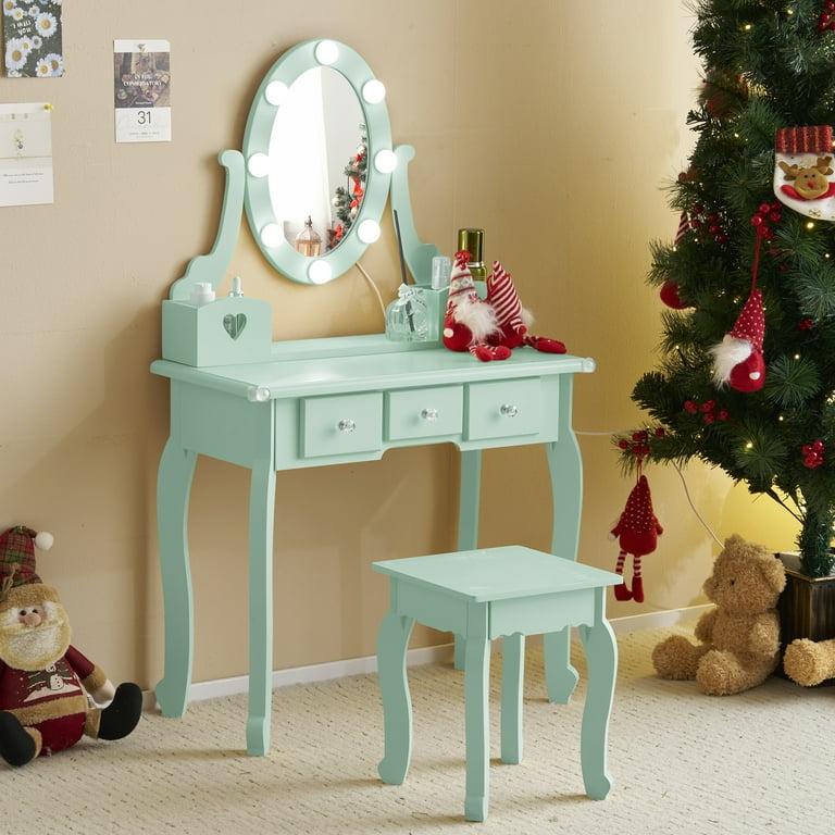 SamyoHome Kids' Dressing Table and Stool Set with 3 Colors Lighting Mirror  for Little Girls Light Green - Walmart.com
