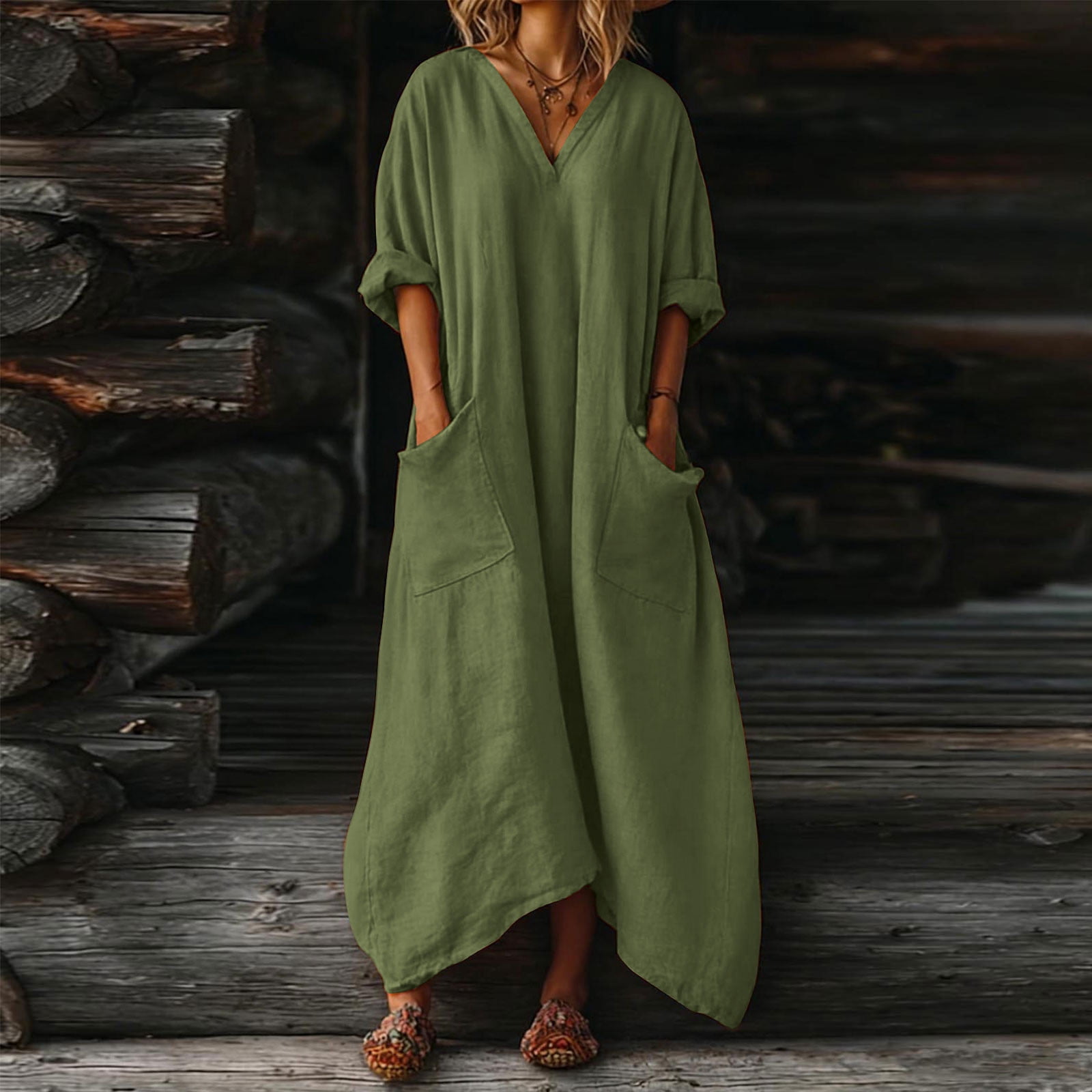 Dresses for Women, Womens Casual Loose Cotton Linen Long Shirt Dress, V-Neck Cuffed Sleeve Side Split Dresses with Pockets