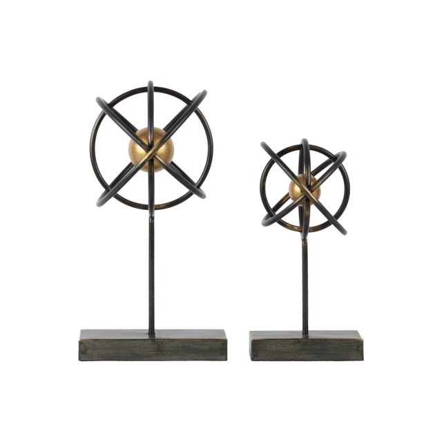 Metal Atom Table Top Sculpture On Rectangular Stand, Set of 2, Black