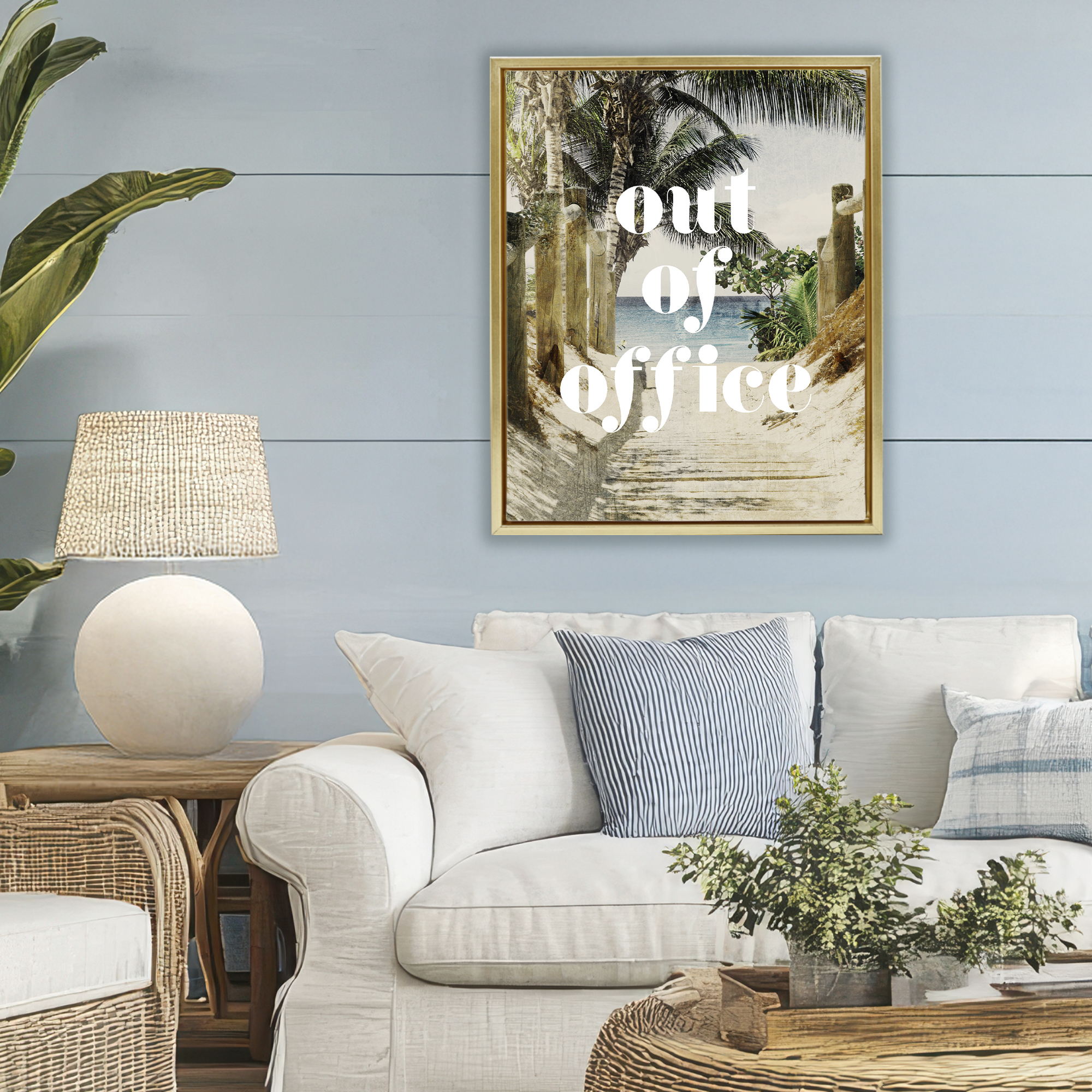 Out of Office Beach Path Gold Framed Floater Canvas Wall Art, design by Lil' Rue