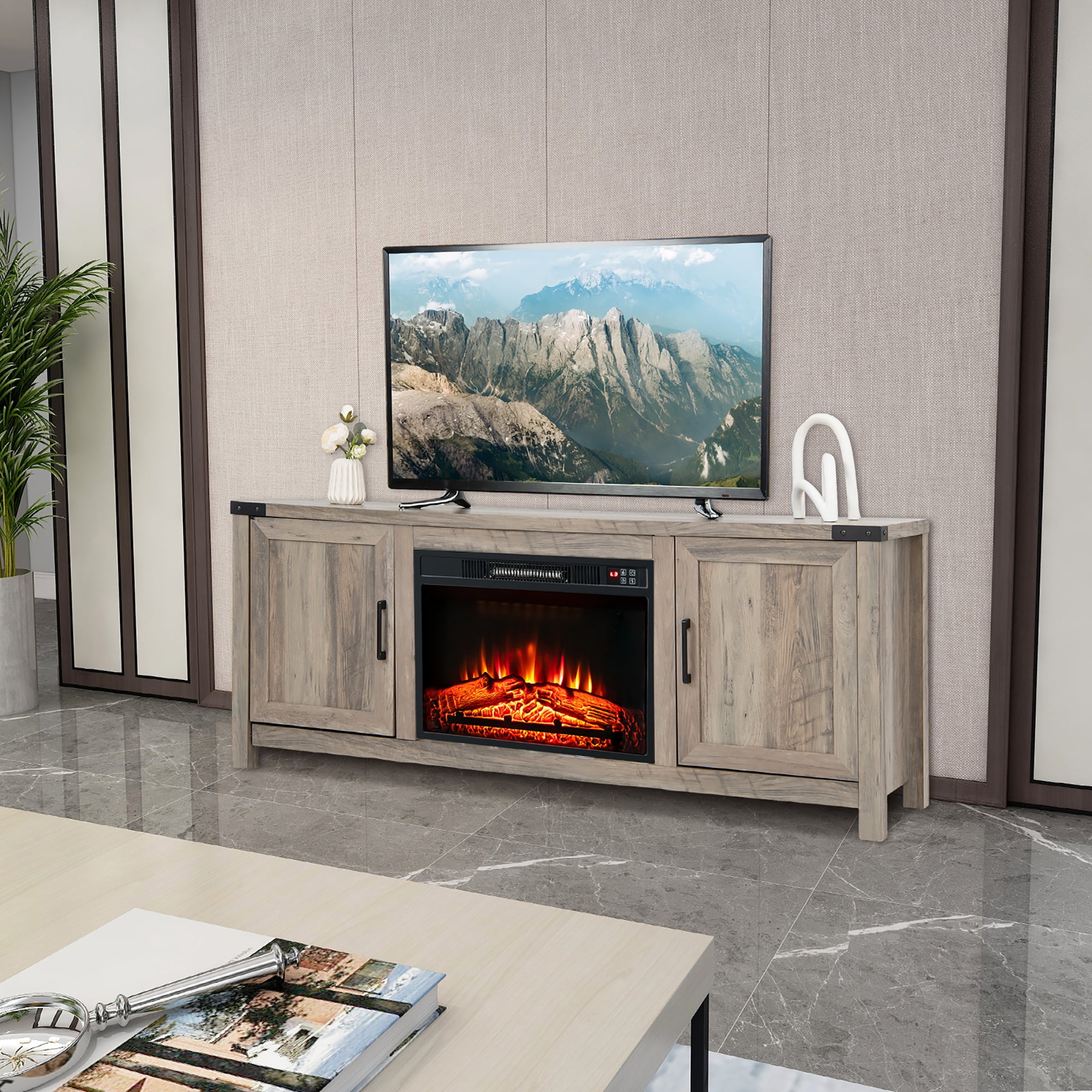 Costway 62'' Farmhouse TV Stand Entertainment Center for TVs up to 70 Inches Natural