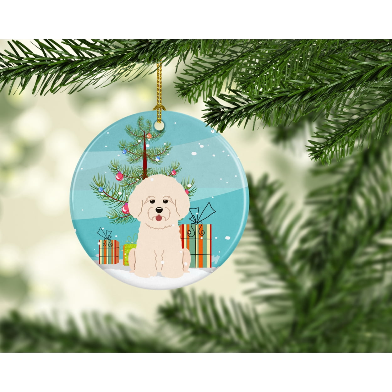 Merry Christmas Tree Bichon Frise Ceramic Ornament